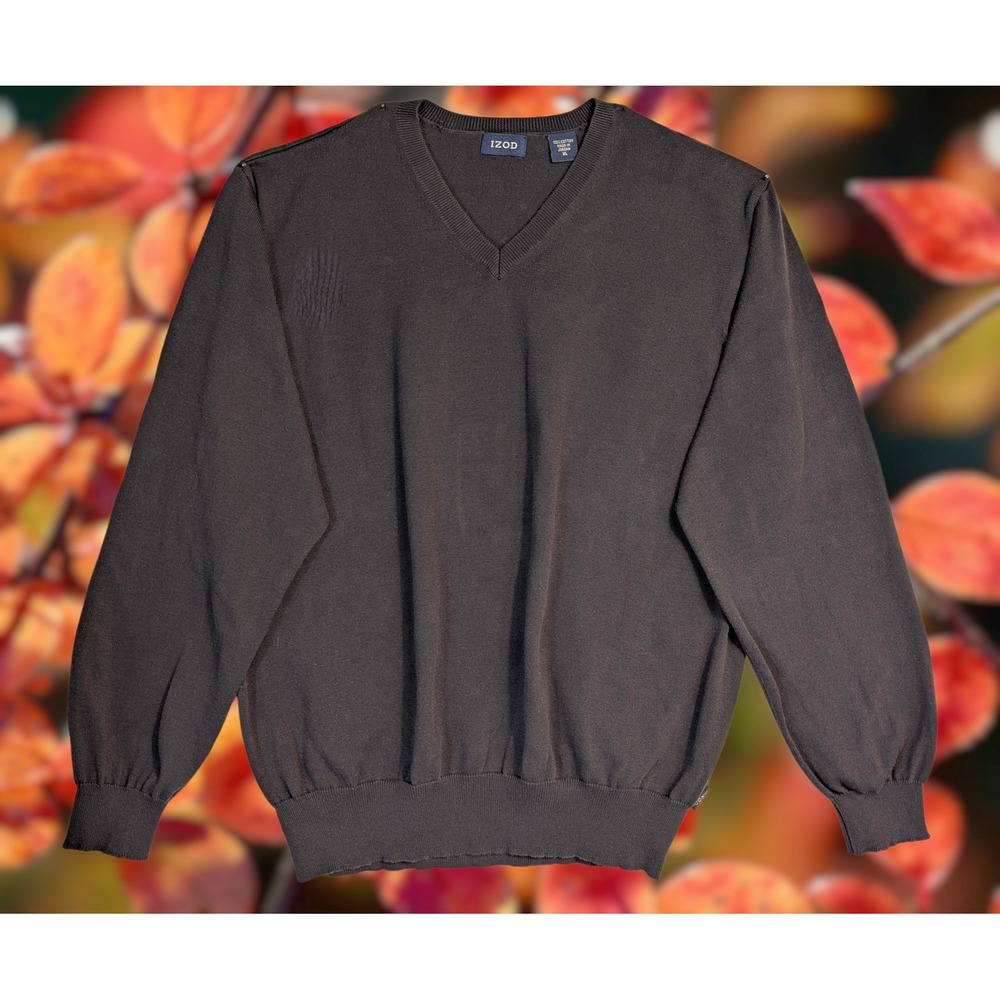 IZOD Mens V-Neck Sweater XL Dark Brown 100% Cotton Pullover Knit Espresso Solid